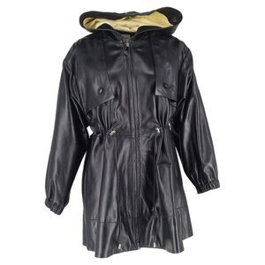 Sandro Zip-Up Hooded Parka Jacket in Black Lambskin Leather